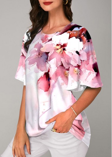 Pink tops,Floral tops,ROTITA Floral Print Round Neck Pink Half Sleeve T Shirt