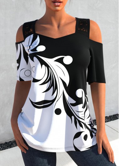 Black tops,Contrast Color tops,ROTITA Black Curly Grass Print Lace Stitching T Shirt