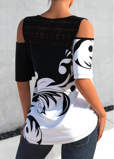 Black tops,Contrast Color tops,ROTITA Black Curly Grass Print Lace Stitching T Shirt