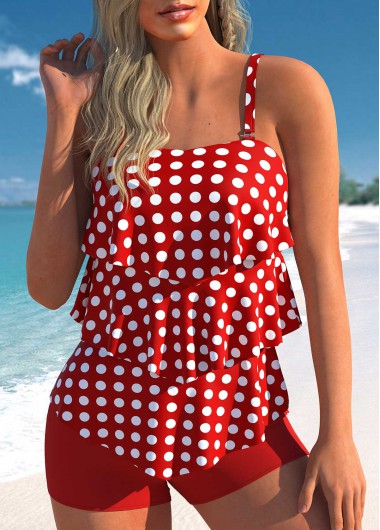 Red swimwear,Dot swimwear,ROTITA Polka Dot Layered Hem Red Tankini Set
