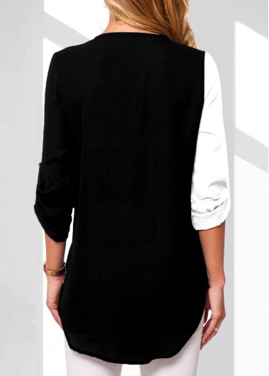 Black tops,Floral tops,ROTITA Floral Print Contrast Quarter Zip Black Blouse