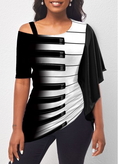 Black tops,Geometric tops,ROTITA Flounce Piano Keyboard Print Black T Shirt