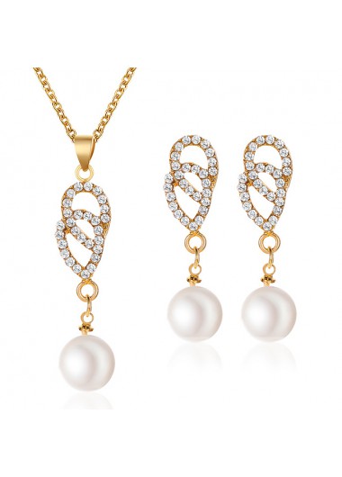 Gold jewelry,Rhinestone Design Pearl Metal Detail Necklace Set