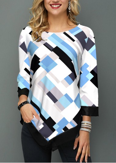White tops,Geometric tops,ROTITA Asymmetric Hem Geometric Print White Blouse