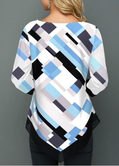 White tops,Geometric tops,ROTITA Asymmetric Hem Geometric Print White Blouse
