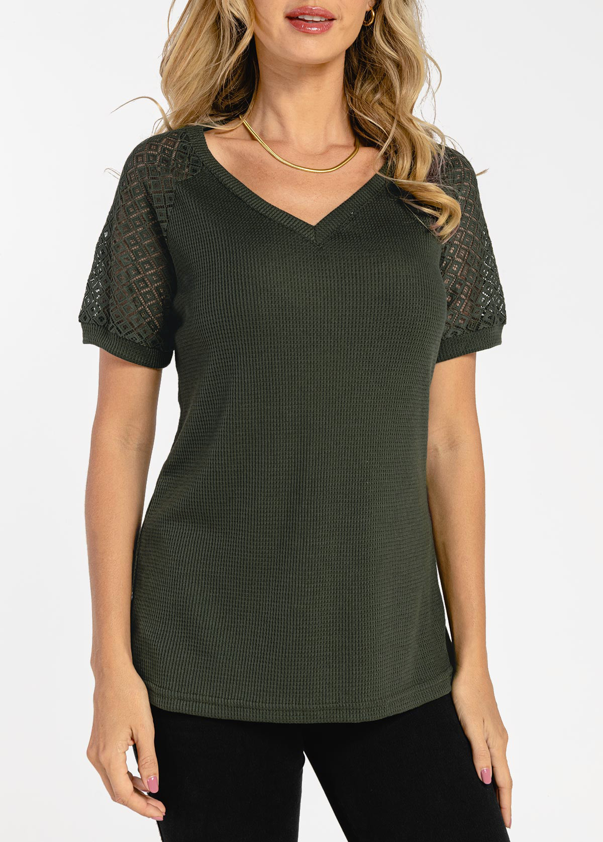Plain Color tops,Army Green Waffle Knit Lace Patchwork T Shirt