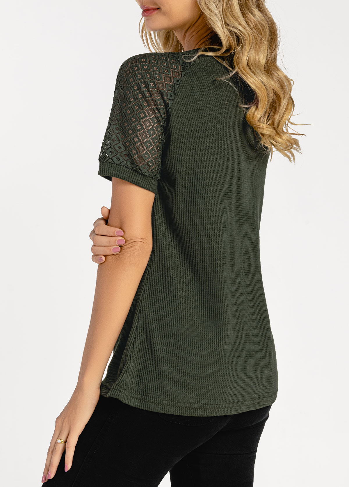 Plain Color tops,Army Green Waffle Knit Lace Patchwork T Shirt
