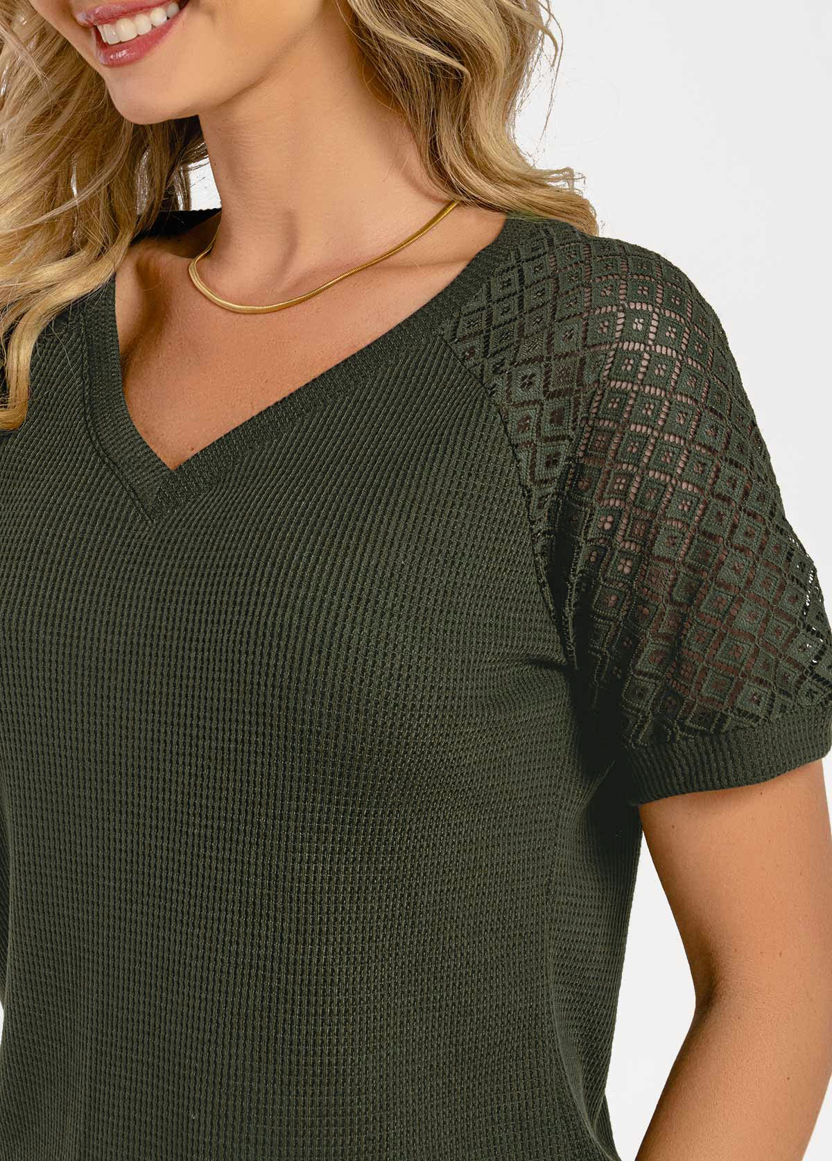Plain Color tops,Army Green Waffle Knit Lace Patchwork T Shirt