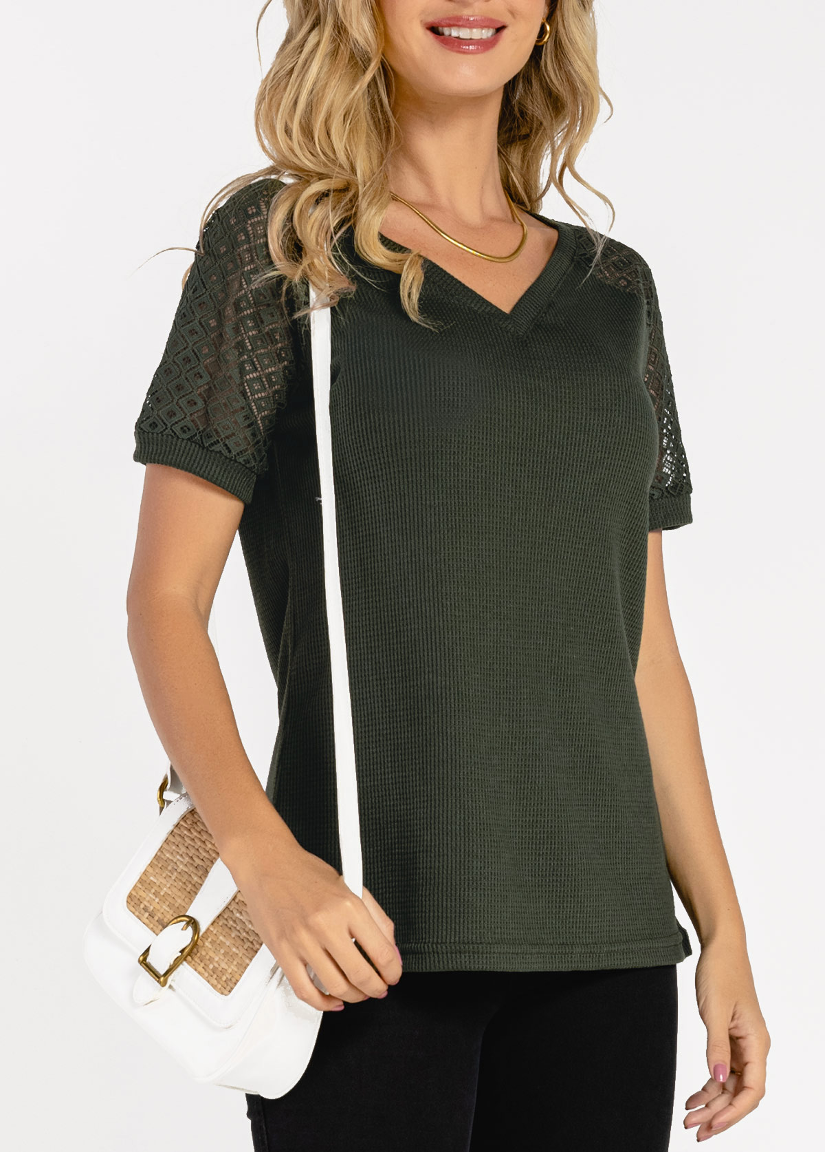 Plain Color tops,Army Green Waffle Knit Lace Patchwork T Shirt