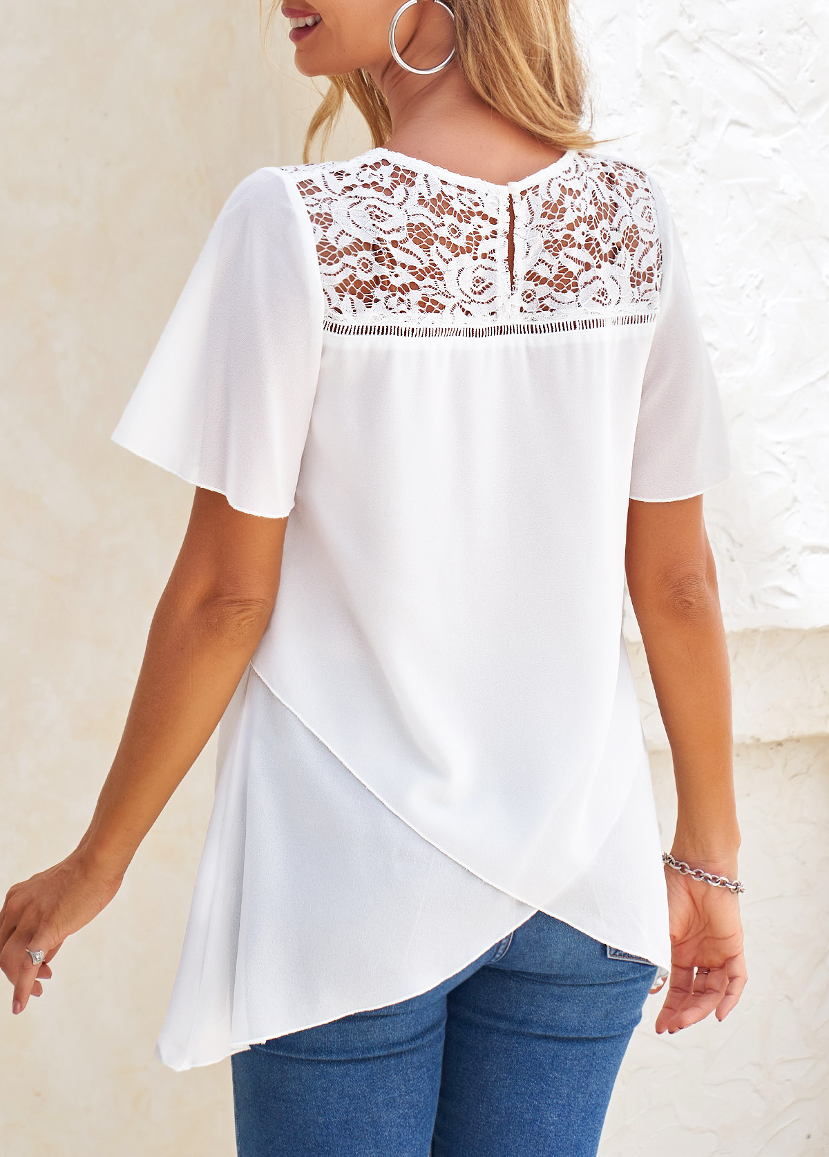 White tops,Plain Color tops,ROTITA Cross Hem White Round Neck Short Sleeve Blouse