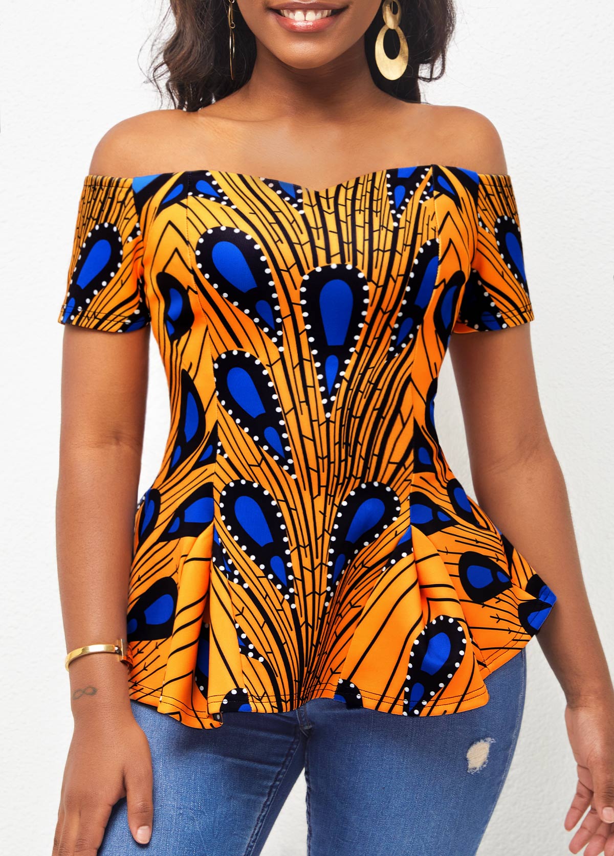 ROTITA Peacock Feather Print Off Shoulder Ginger T Shirt