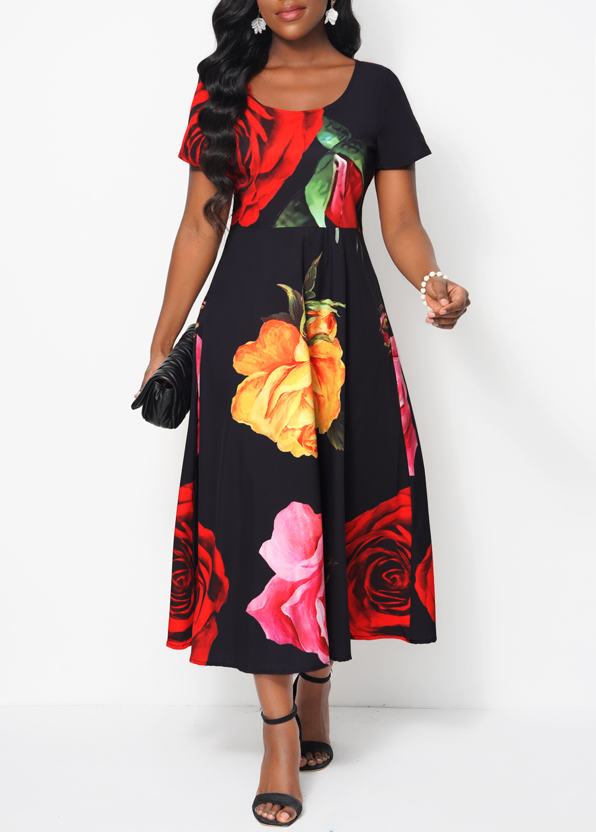 Short Sleeve Floral Print Black Dress