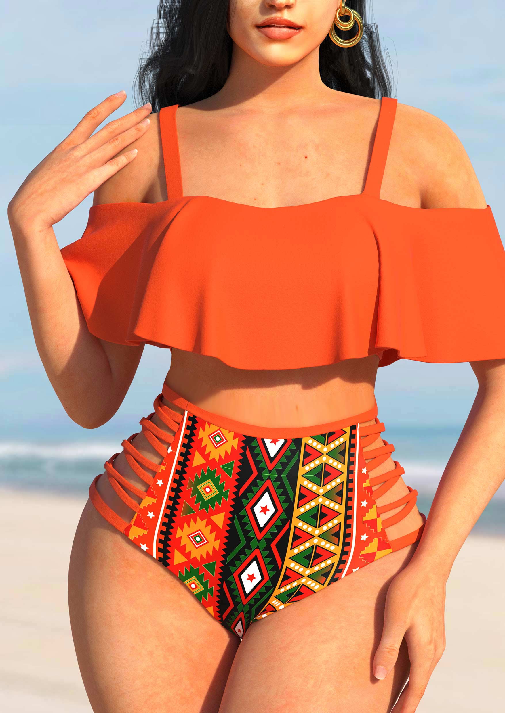 Orange swimwear,Tribal swimwear,ROTITA Tribal Print High Waisted Orange Bikini Set