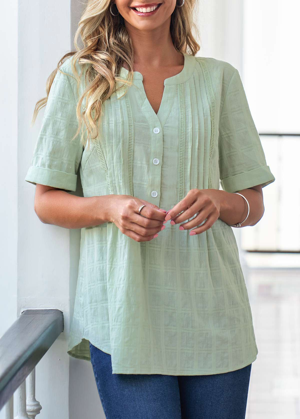 Light Green tops,Plain Color tops,ROTITA Light Green Crinkle Chest Button Detail Blouse