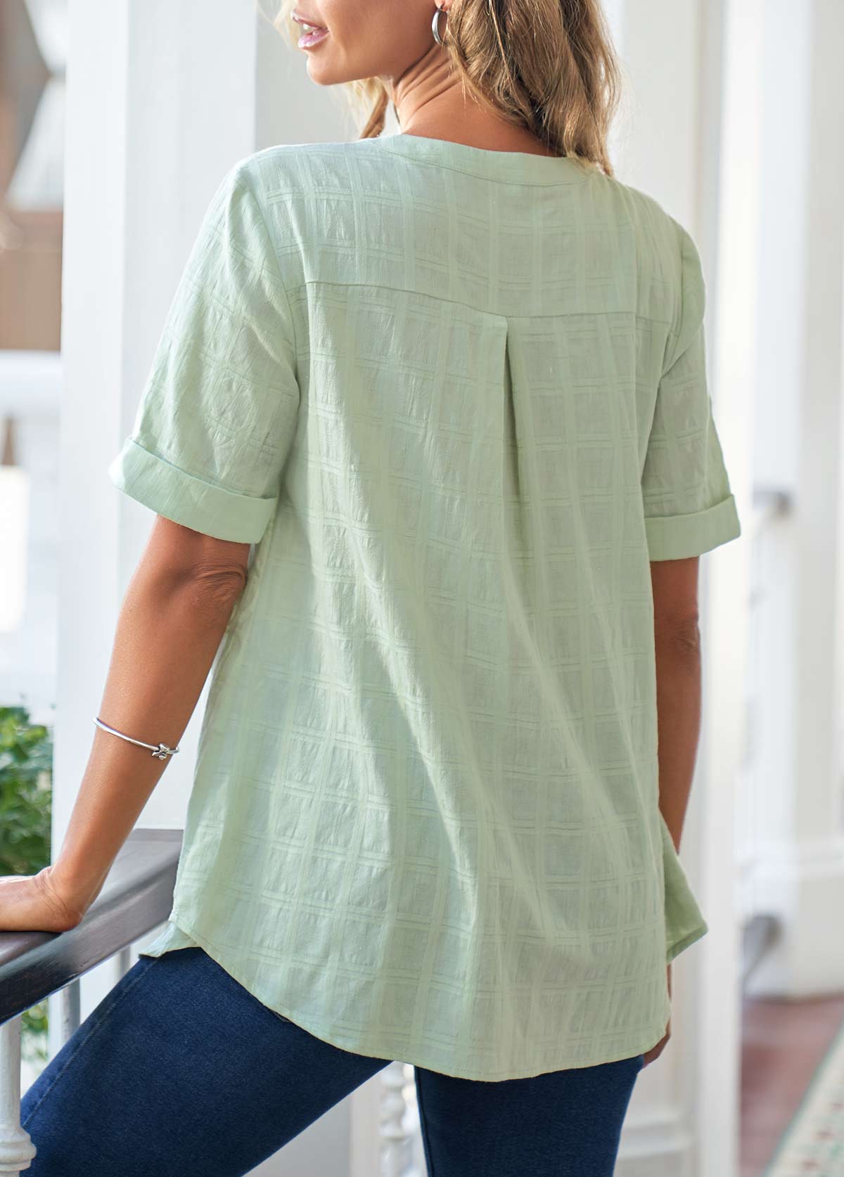 Light Green tops,Plain Color tops,ROTITA Light Green Crinkle Chest Button Detail Blouse