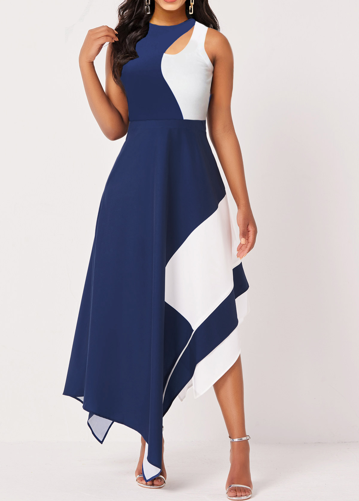 ROTITA Blue Asymmetric Hem Sleeveless Maxi Dress