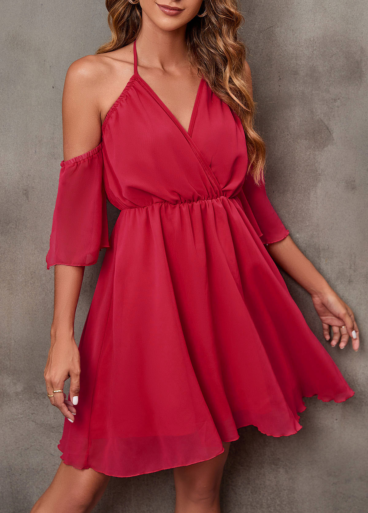 Cold Shoulder Halter Rose Red 3/4 Sleeve Dress