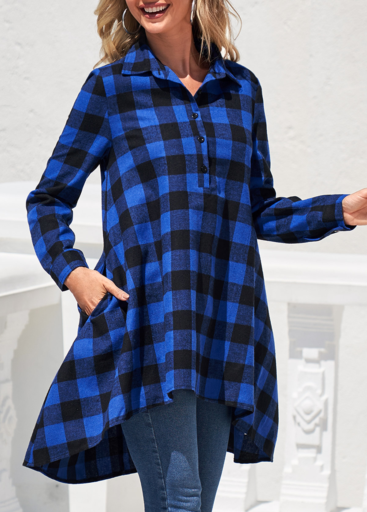 Royal Blue tops,Plaid tops,ROTITA Double Side Plaid Pockets Royal Blue Blouse