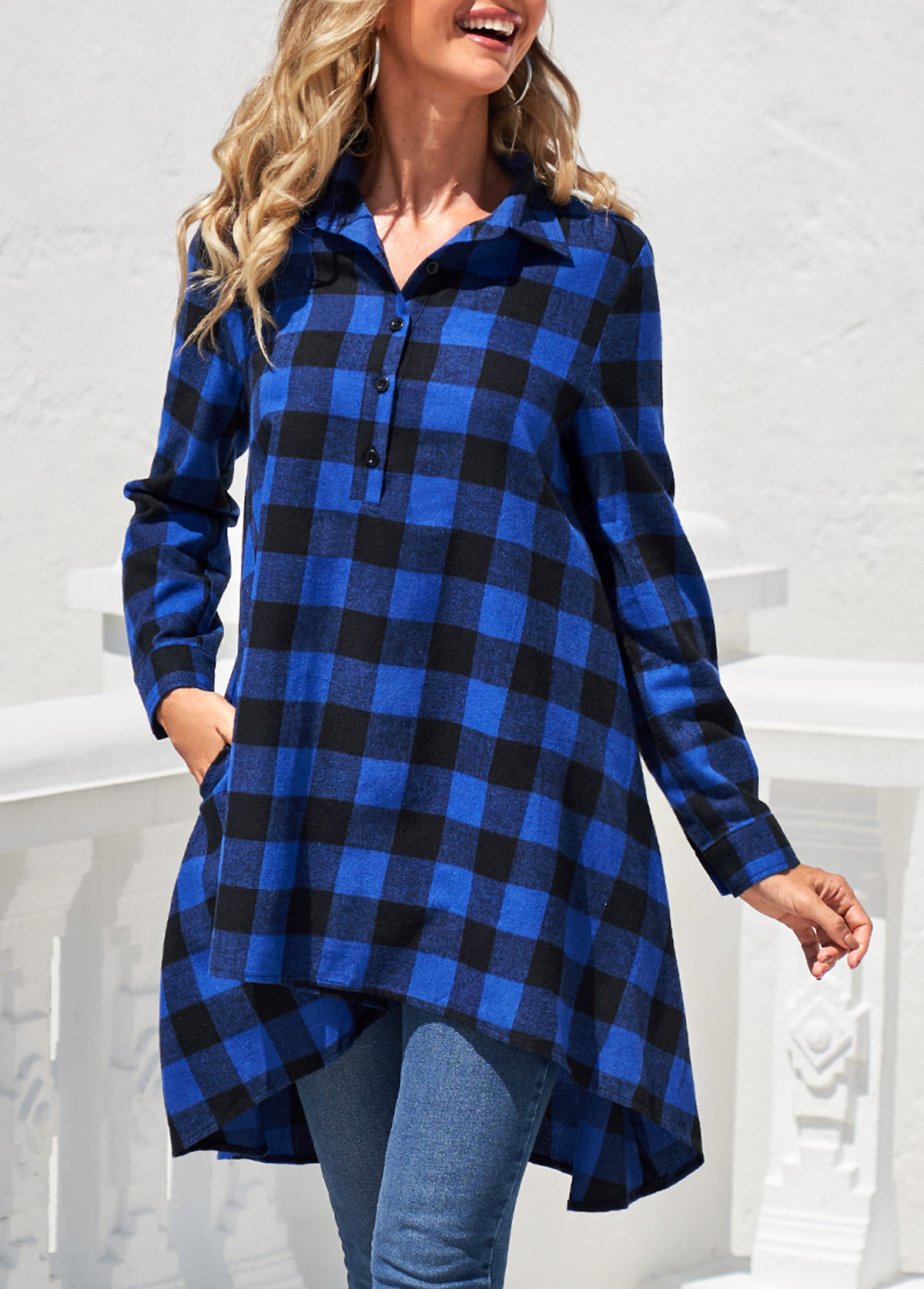Royal Blue tops,Plaid tops,ROTITA Double Side Plaid Pockets Royal Blue Blouse