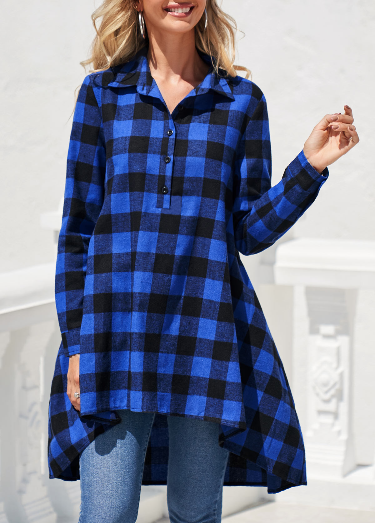 Royal Blue tops,Plaid tops,ROTITA Double Side Plaid Pockets Royal Blue Blouse