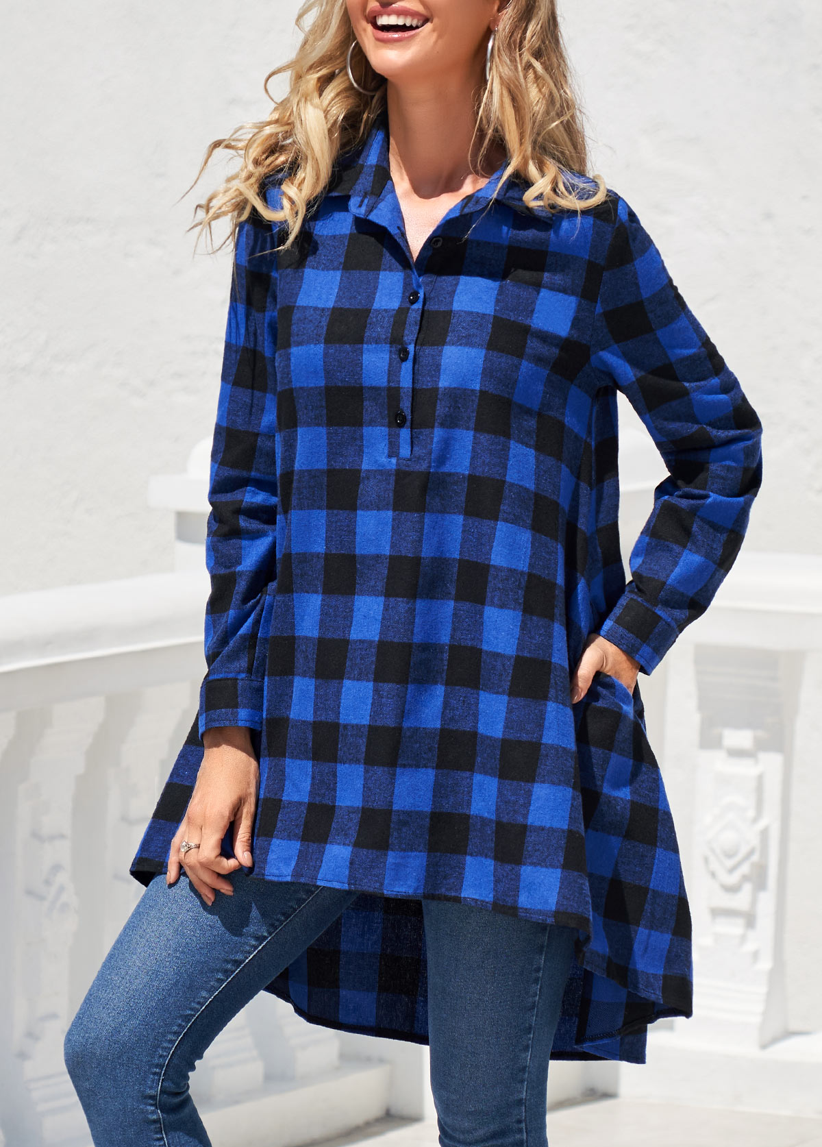 Royal Blue tops,Plaid tops,ROTITA Double Side Plaid Pockets Royal Blue Blouse