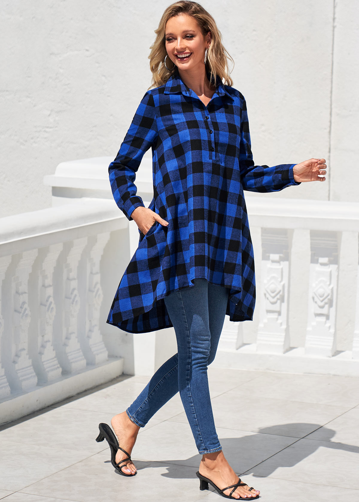 Royal Blue tops,Plaid tops,ROTITA Double Side Plaid Pockets Royal Blue Blouse