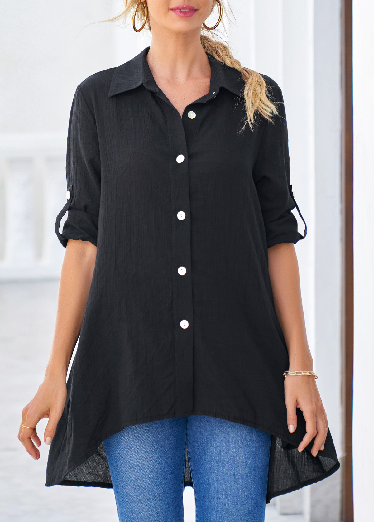 Black tops,Plain Color tops,ROTITA Dip Hem Black Roll Tab Sleeve Button Up Blouse