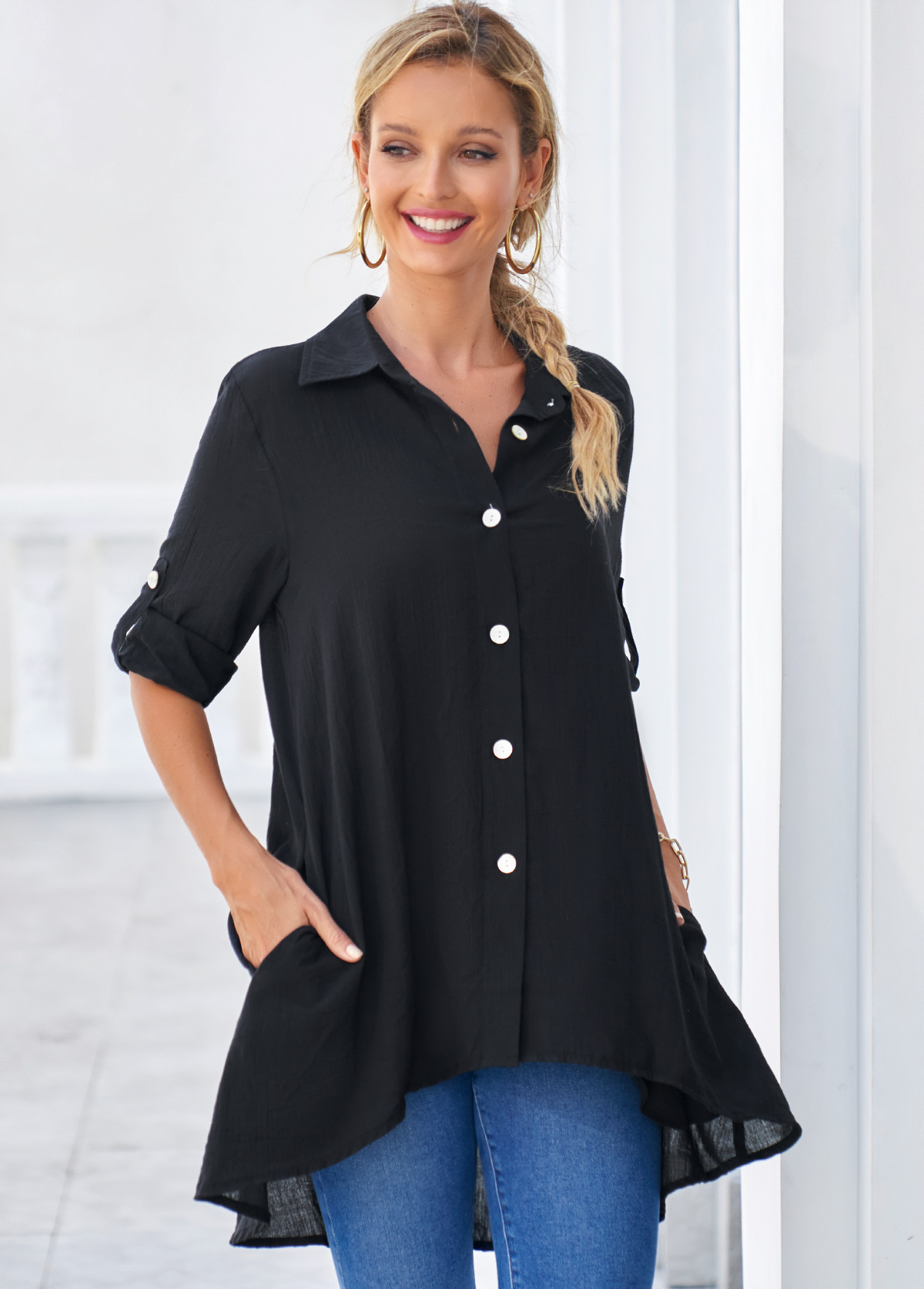 Black tops,Plain Color tops,ROTITA Dip Hem Black Roll Tab Sleeve Button Up Blouse