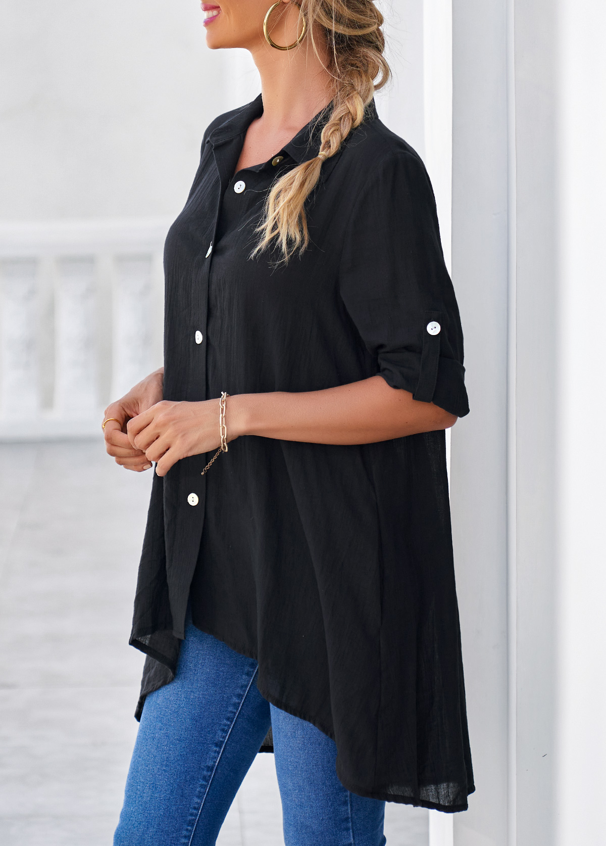 Black tops,Plain Color tops,ROTITA Dip Hem Black Roll Tab Sleeve Button Up Blouse
