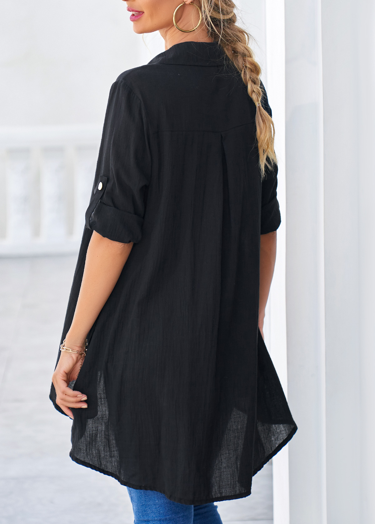 Black tops,Plain Color tops,ROTITA Dip Hem Black Roll Tab Sleeve Button Up Blouse