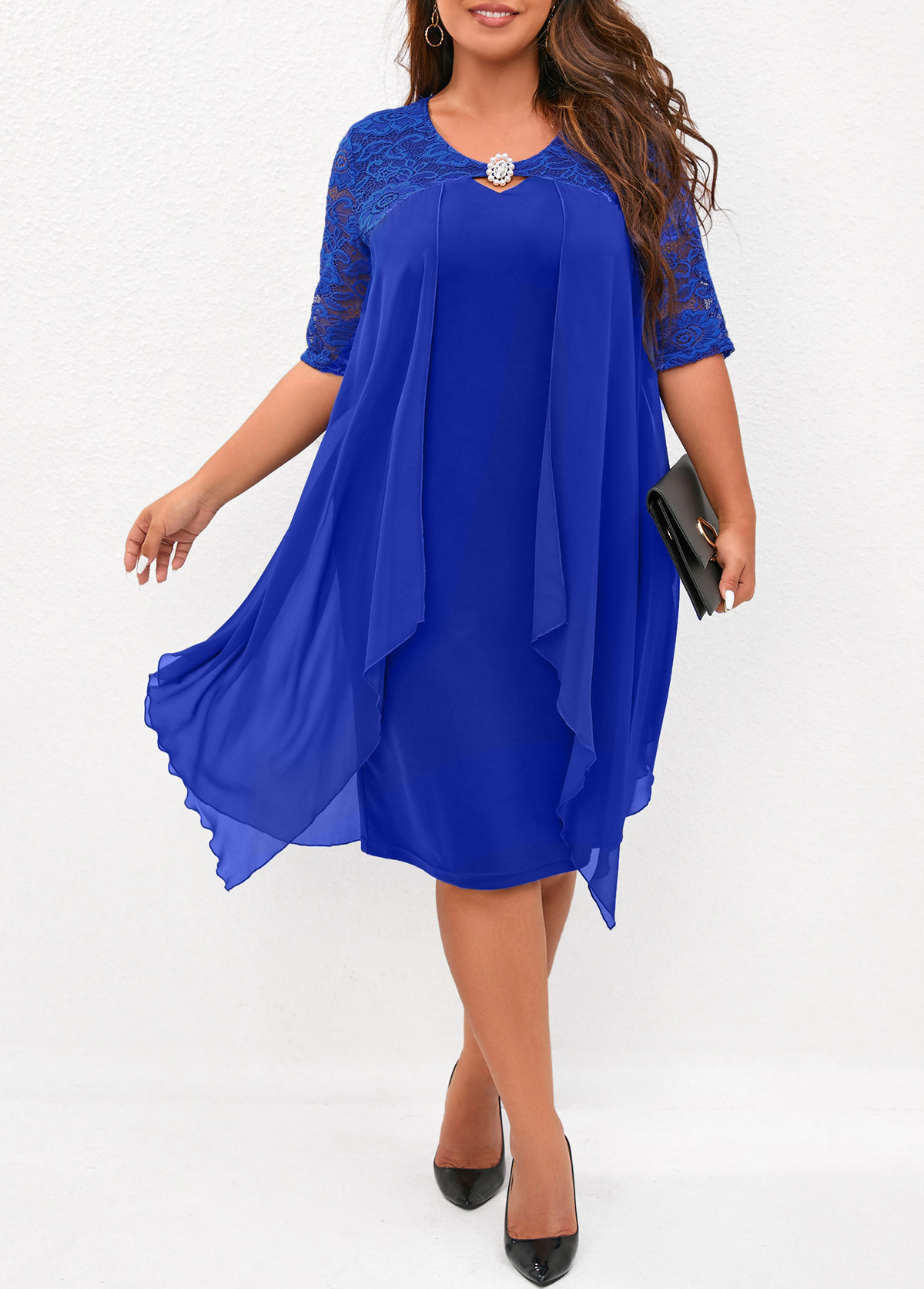 ROTITA Royal Blue Plus Size Lace Stitching Dress