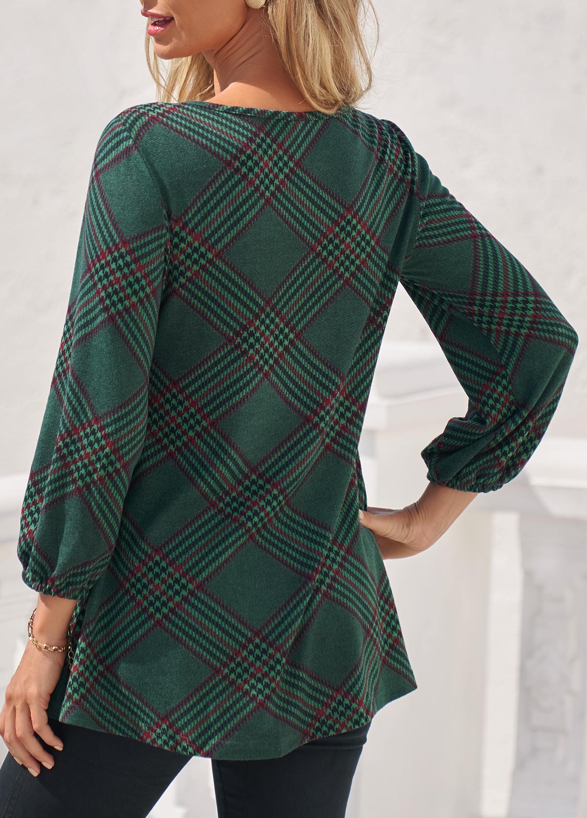 Blackish Green tops,Plaid tops,ROTITA Blackish Green Stringy Selvedge Plaid Lace Stitching Blouse