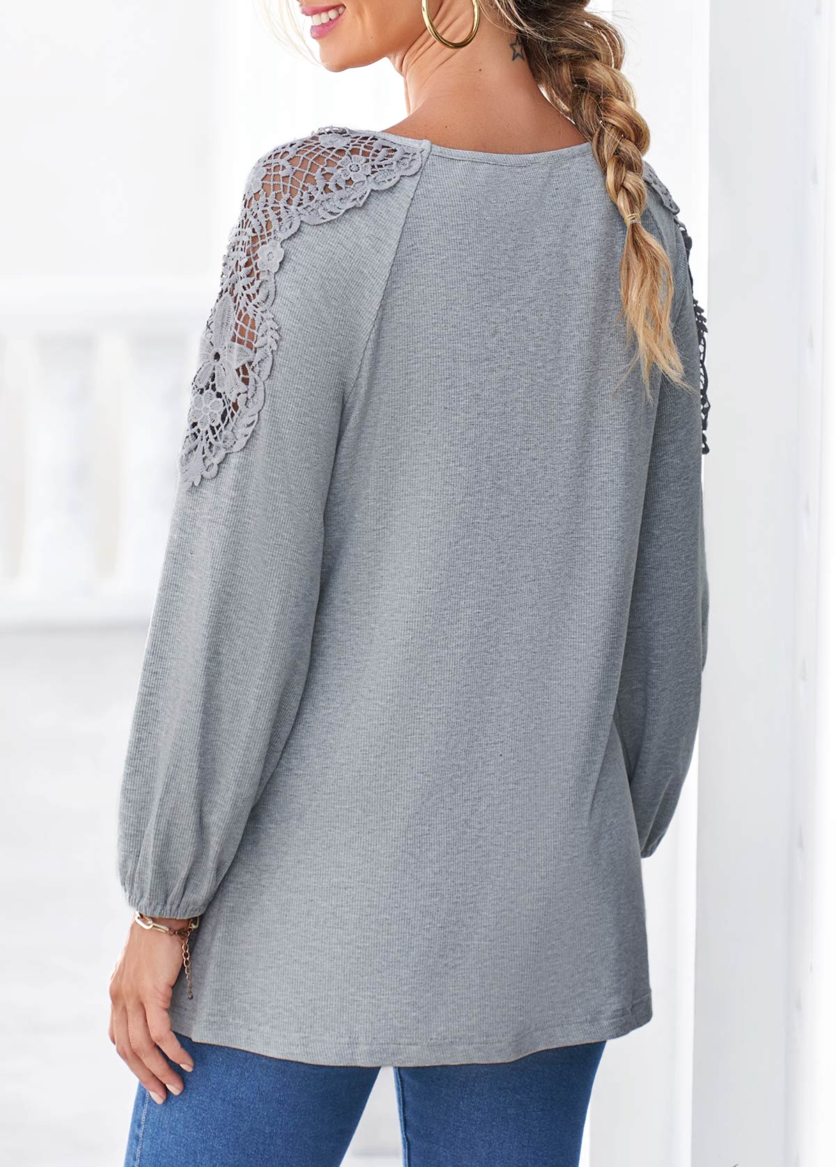 Light Grey Marl tops,Plain Color tops,ROTITA Grey Marl Lace Panel Long Sleeve T Shirt