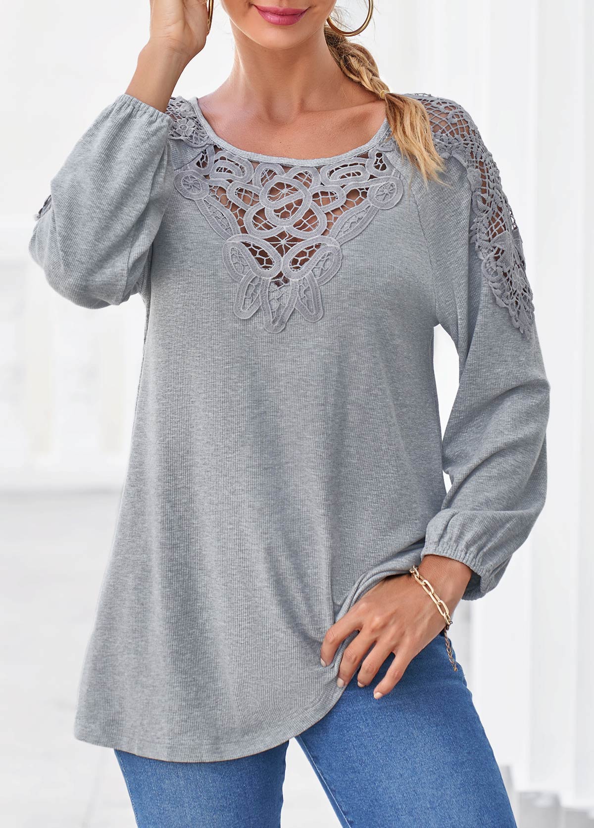 Light Grey Marl tops,Plain Color tops,ROTITA Grey Marl Lace Panel Long Sleeve T Shirt