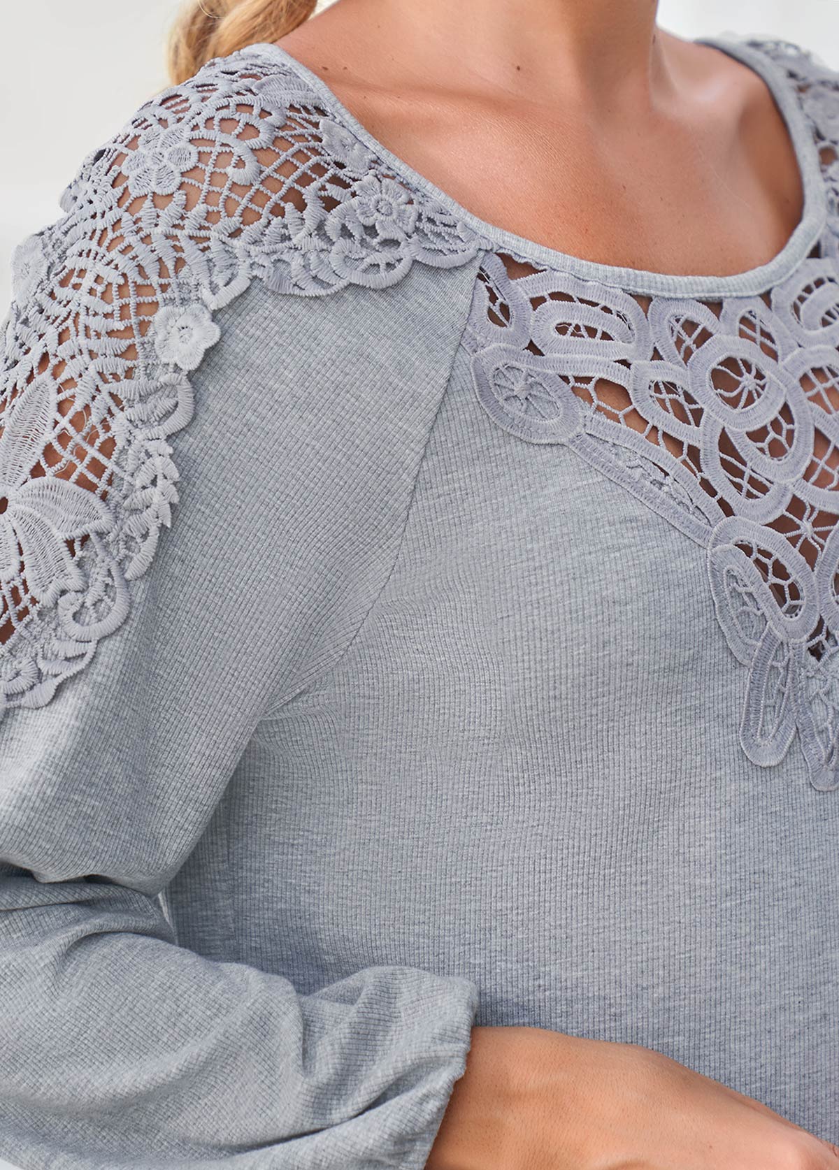 Light Grey Marl tops,Plain Color tops,ROTITA Grey Marl Lace Panel Long Sleeve T Shirt