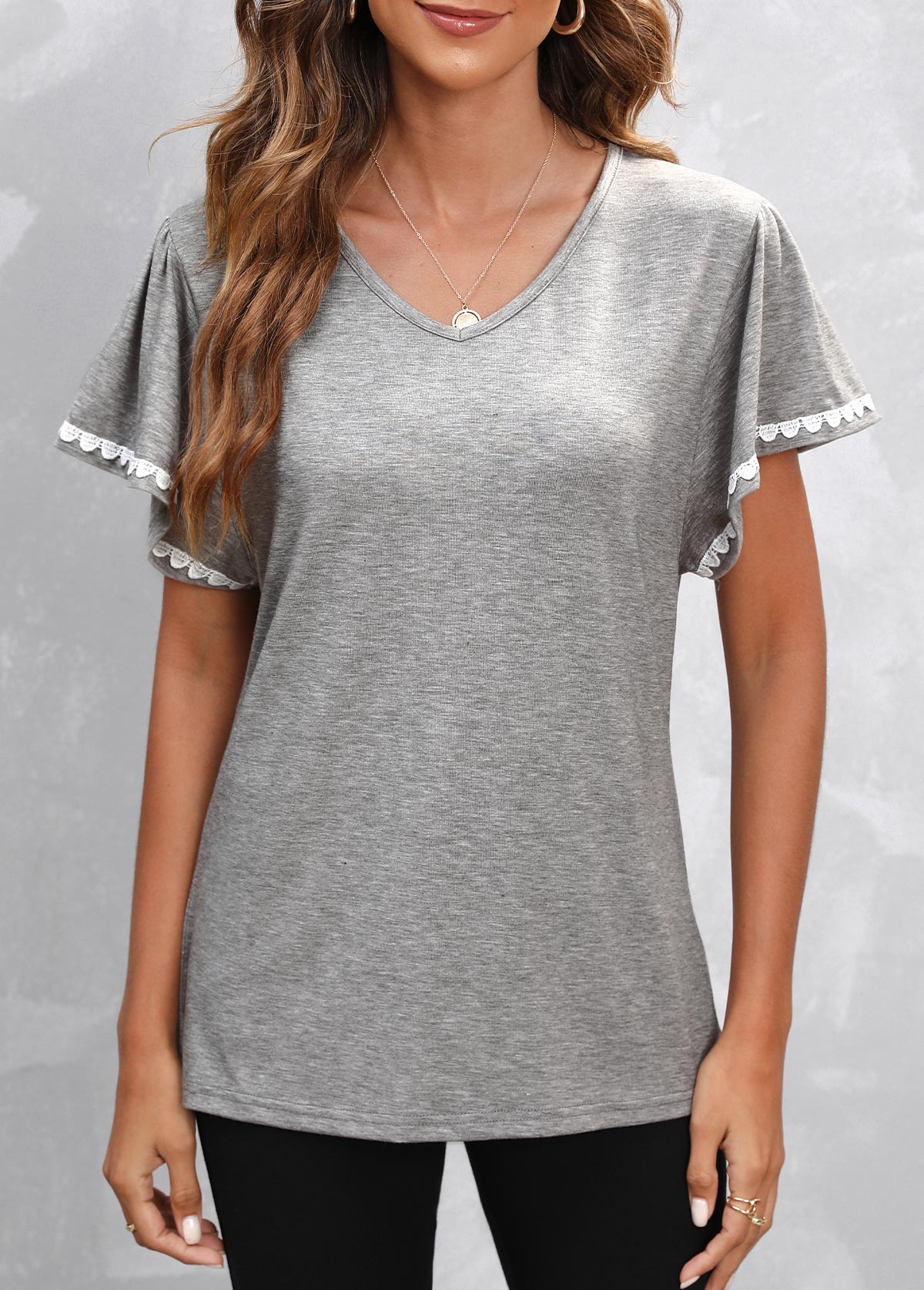 Butterfly Sleeve Grey Lace Stitching T Shirt
