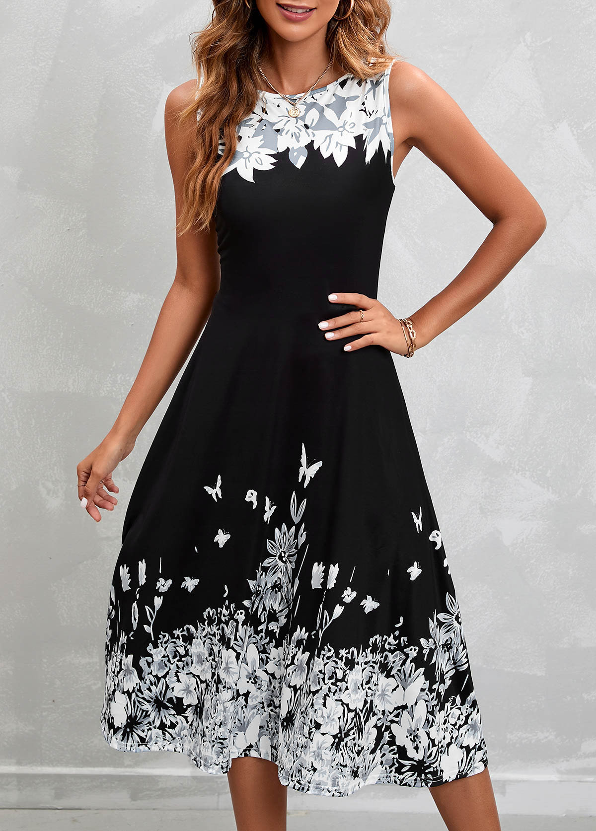 Floral Print Black Sleeveless High Waist Dress