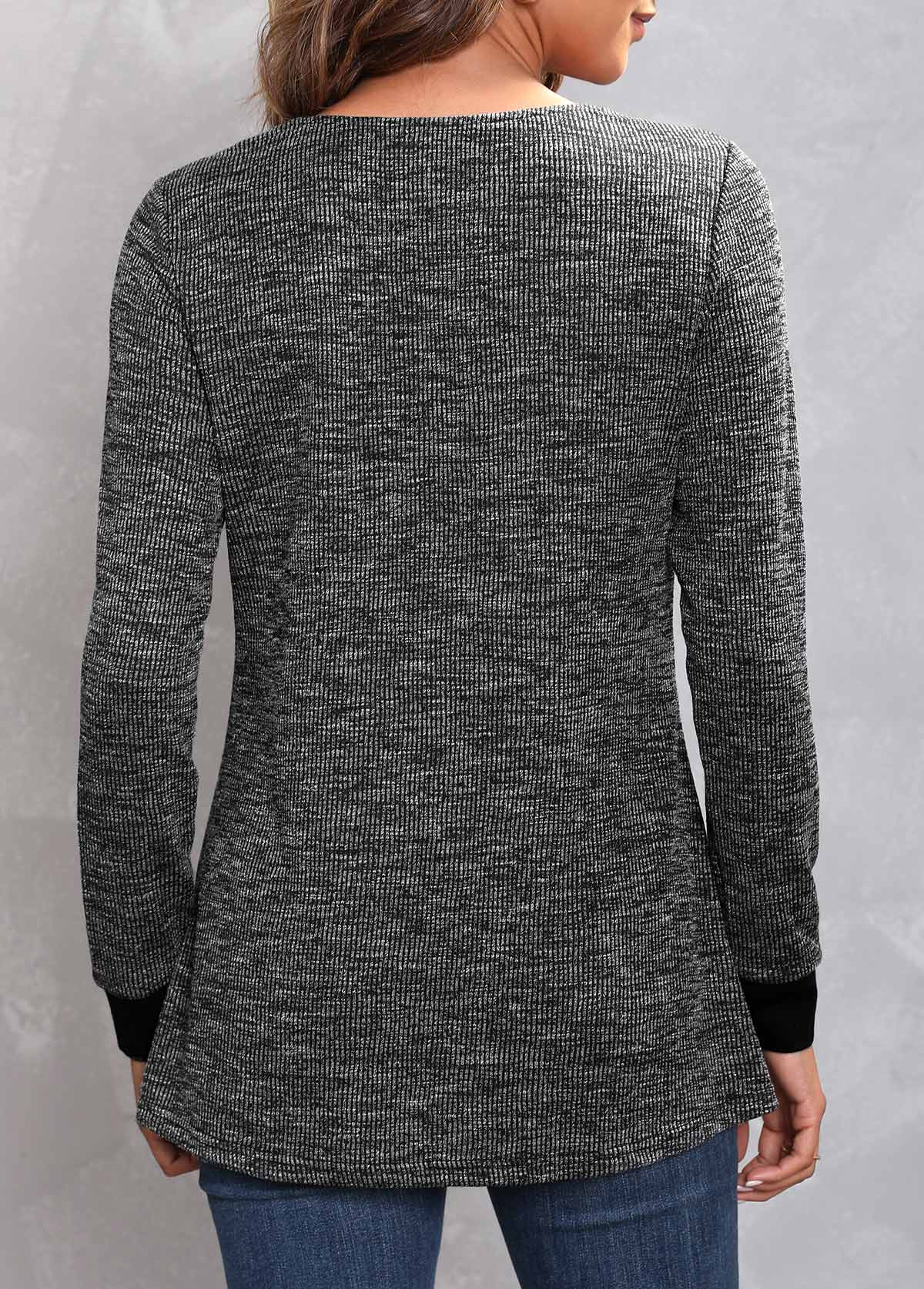 Dark Grey Marl tops,Plain Color tops,ROTITA Decorative Button Dark Grey Marl V Neck T Shirt