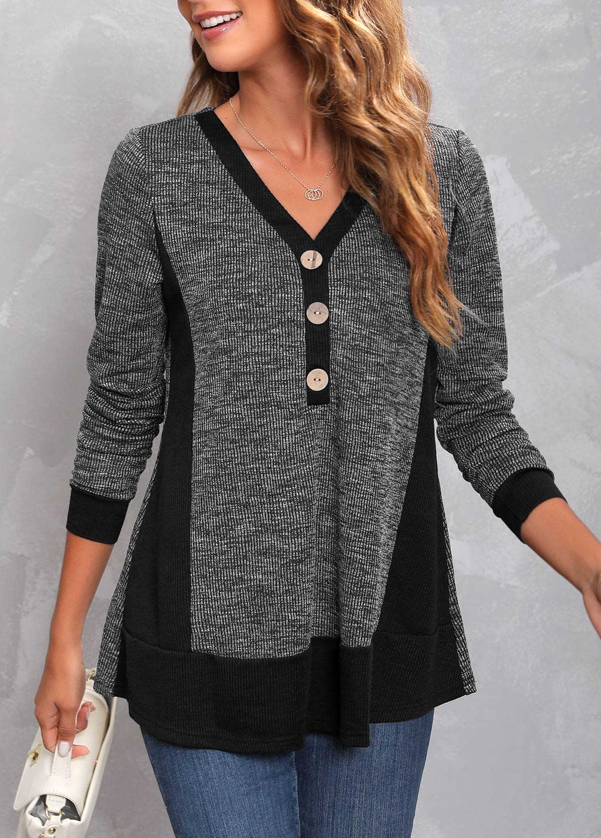 Dark Grey Marl tops,Plain Color tops,ROTITA Decorative Button Dark Grey Marl V Neck T Shirt