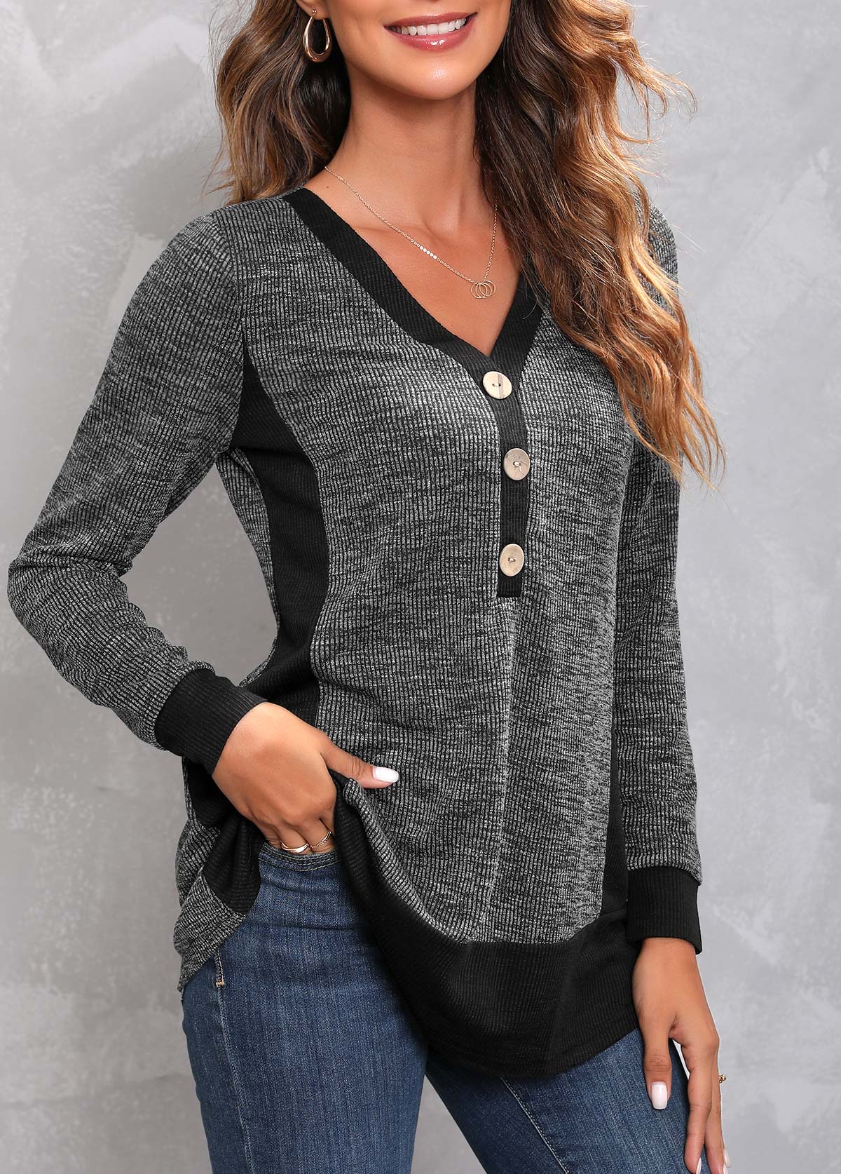 Dark Grey Marl tops,Plain Color tops,ROTITA Decorative Button Dark Grey Marl V Neck T Shirt