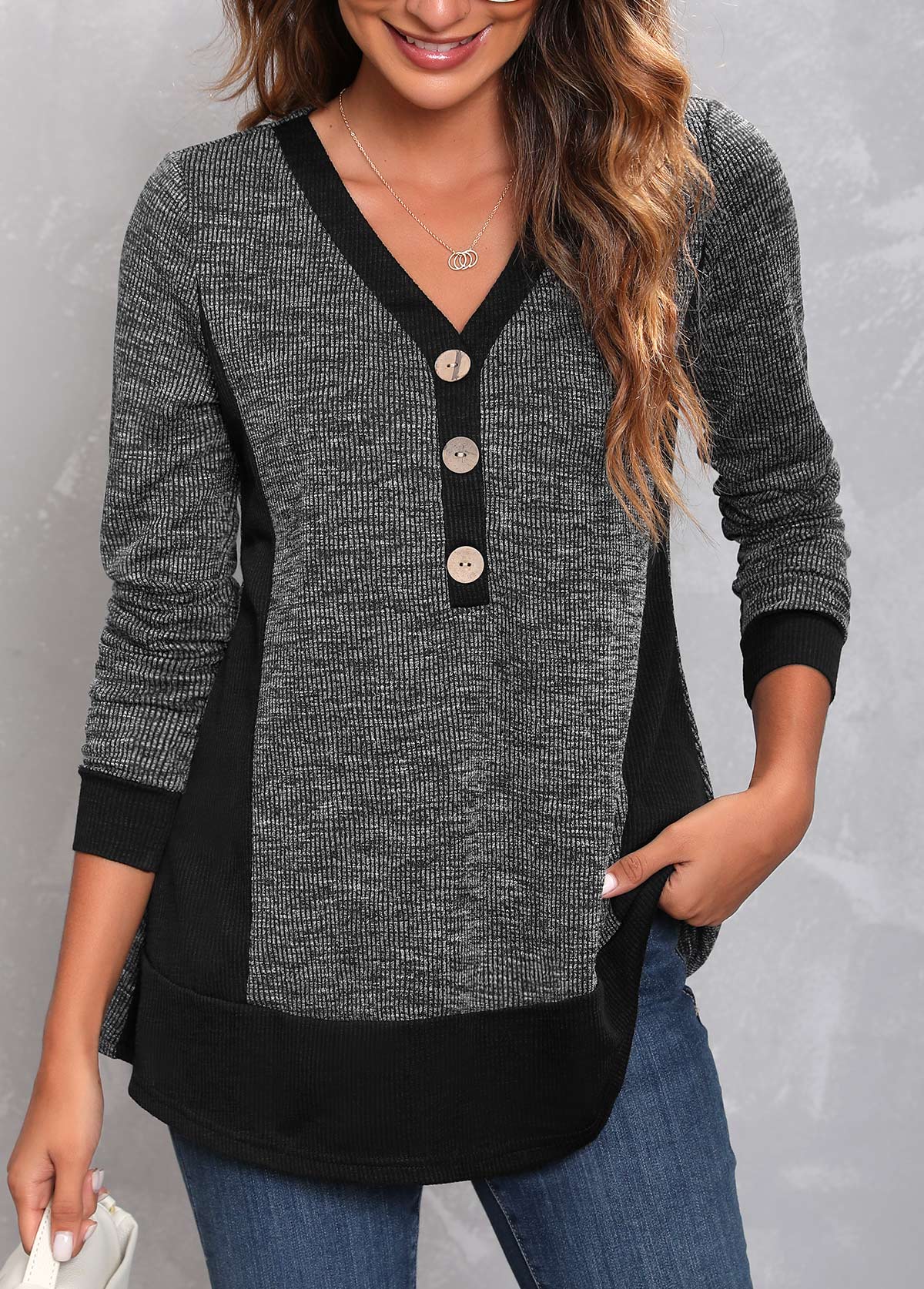 Dark Grey Marl tops,Plain Color tops,ROTITA Decorative Button Dark Grey Marl V Neck T Shirt