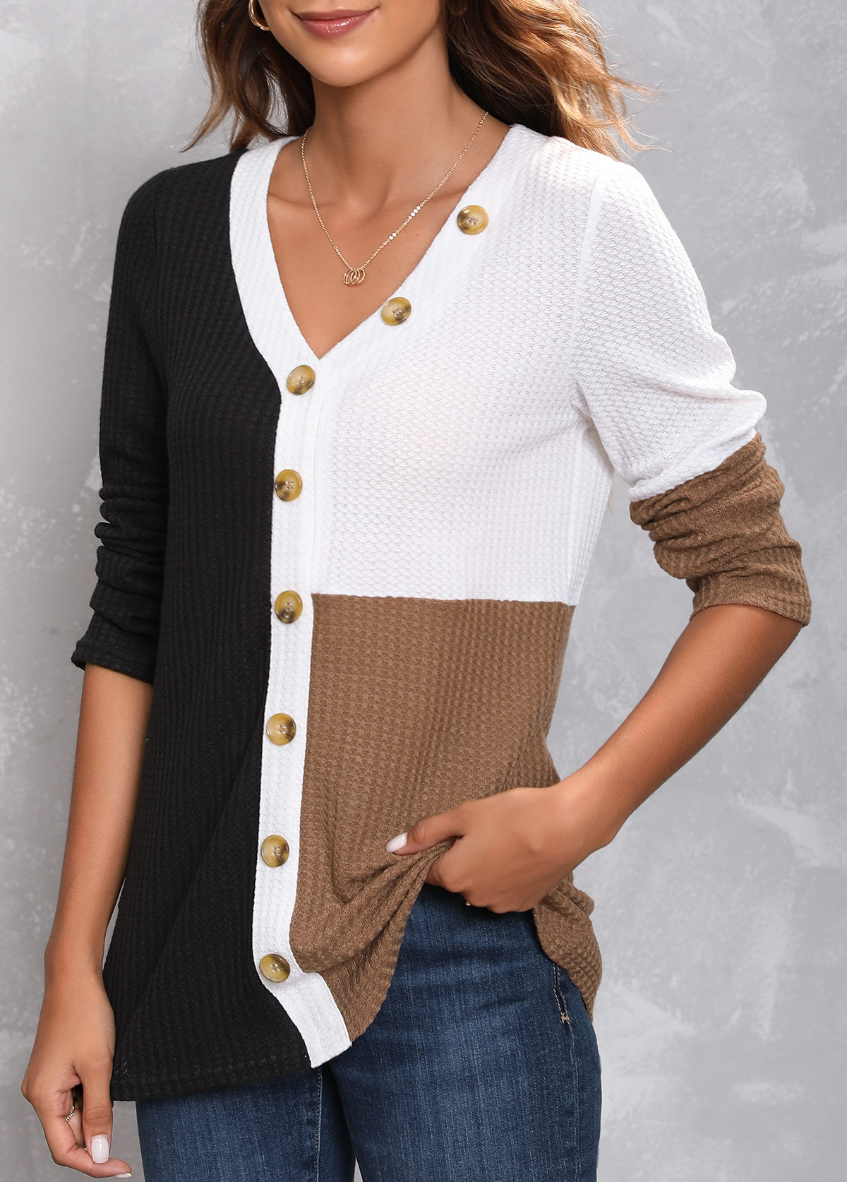 Black tops,Contrast Color tops,ROTITA Decorative Button Black V Neck T Shirt
