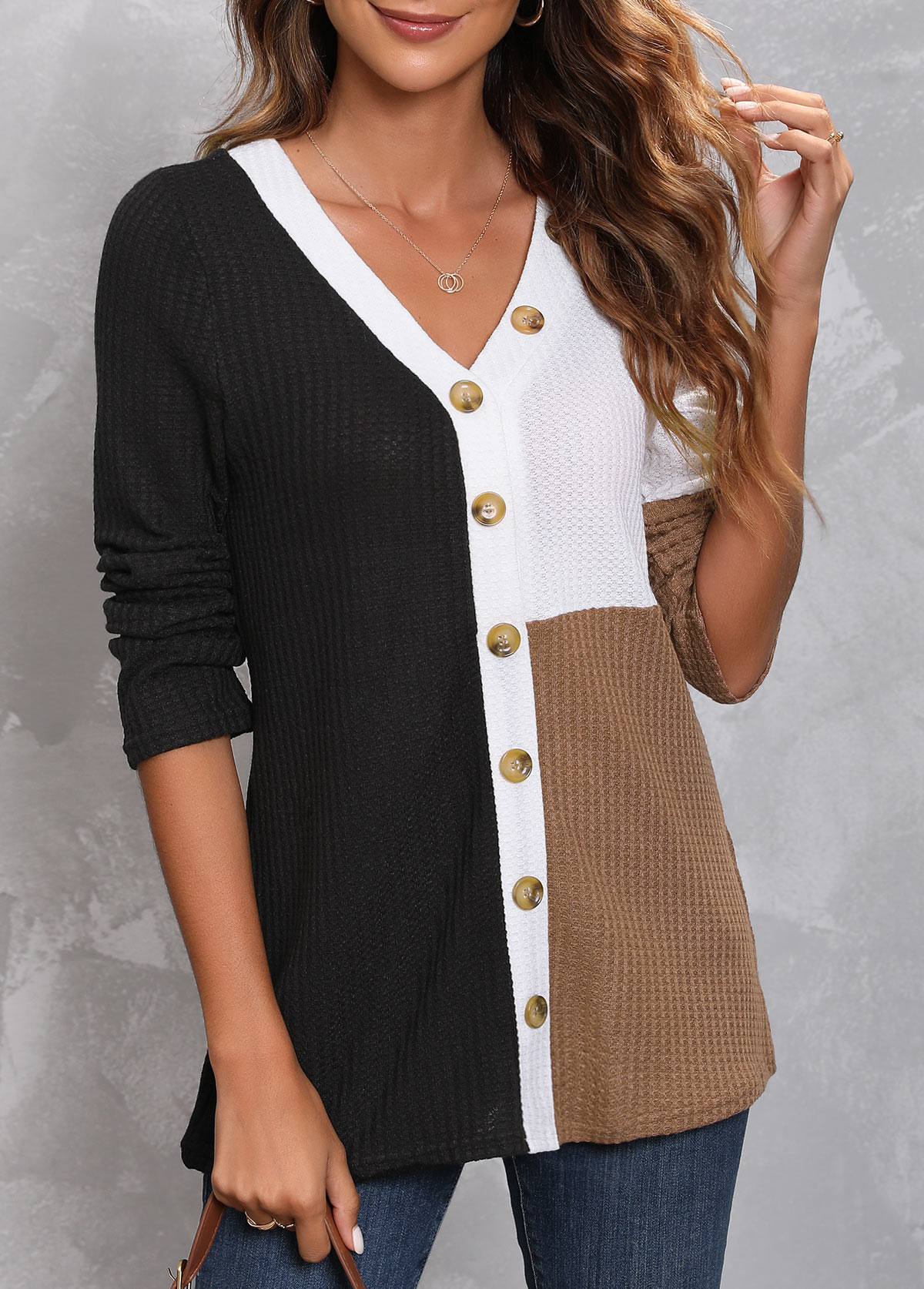 Black tops,Contrast Color tops,ROTITA Decorative Button Black V Neck T Shirt