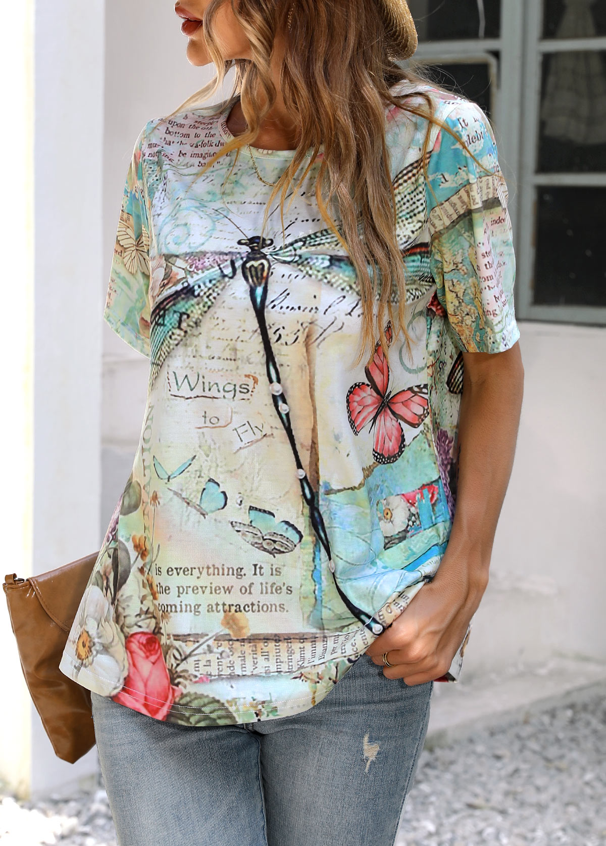 Green tops,Animal Print tops,Dragonfly Print Short Sleeve Green T Shirt