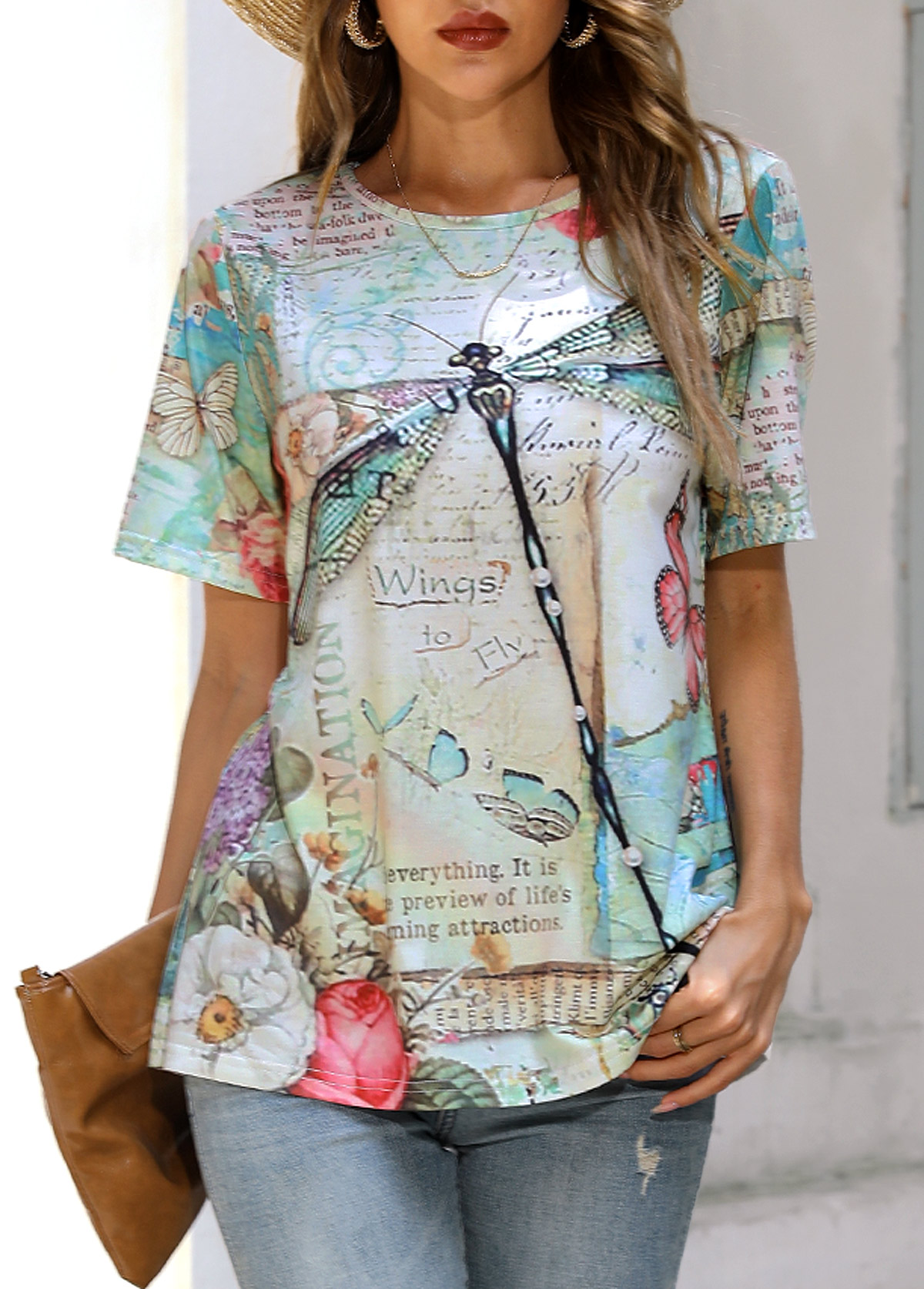 Green tops,Animal Print tops,Dragonfly Print Short Sleeve Green T Shirt