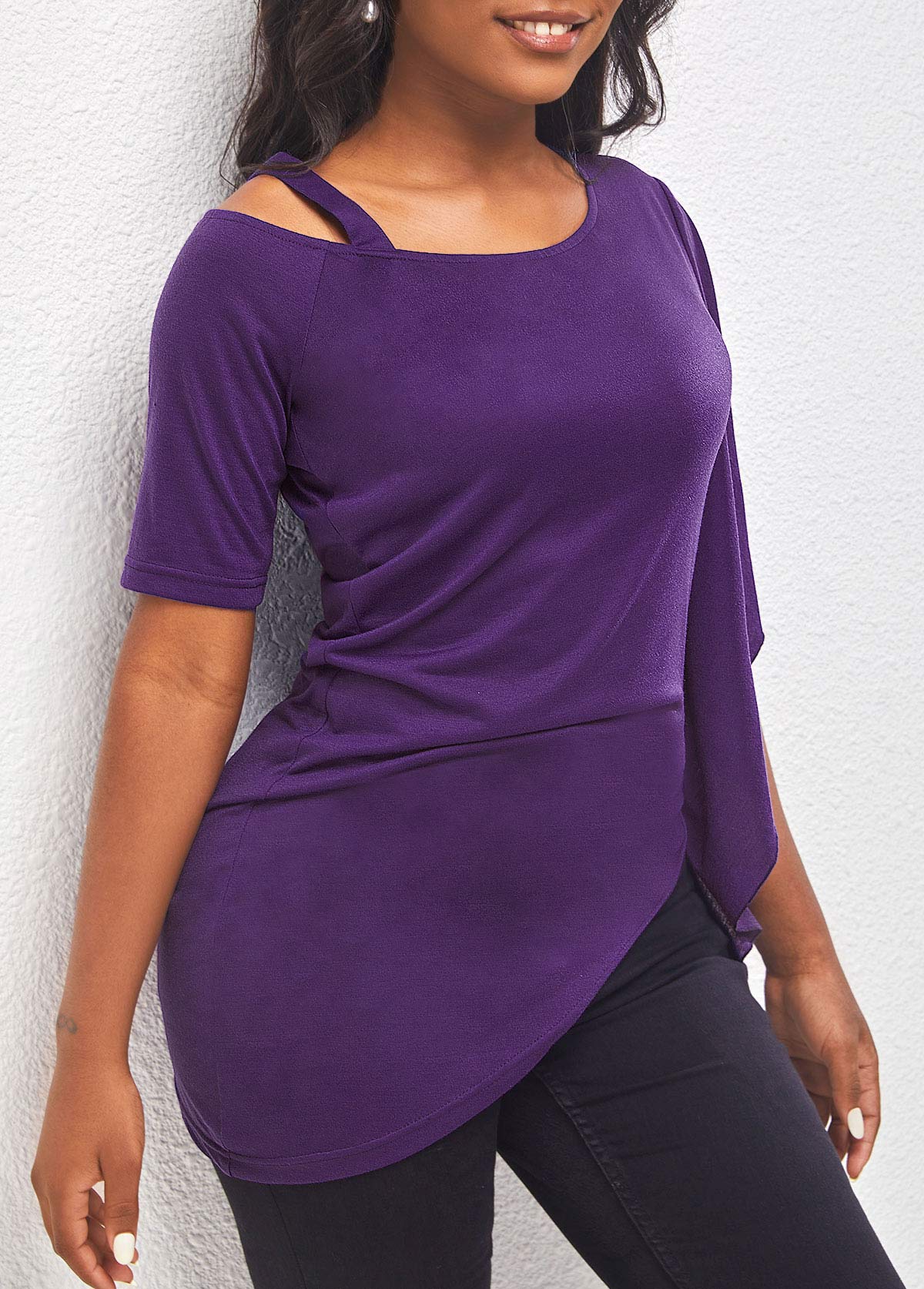 Purple tops,Plain Color tops,ROTITA Cold Shoulder Asymmetric Hem Violet Blouse