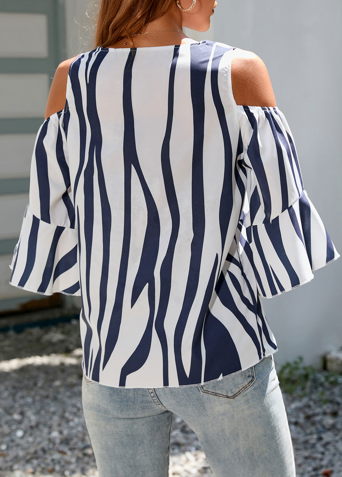 Multi Color tops,Animal Print tops,3/4 Sleeve Tie Front Cold Shoulder T Shirt