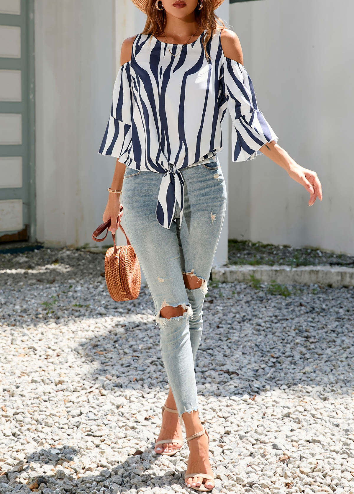 Multi Color tops,Animal Print tops,3/4 Sleeve Tie Front Cold Shoulder T Shirt