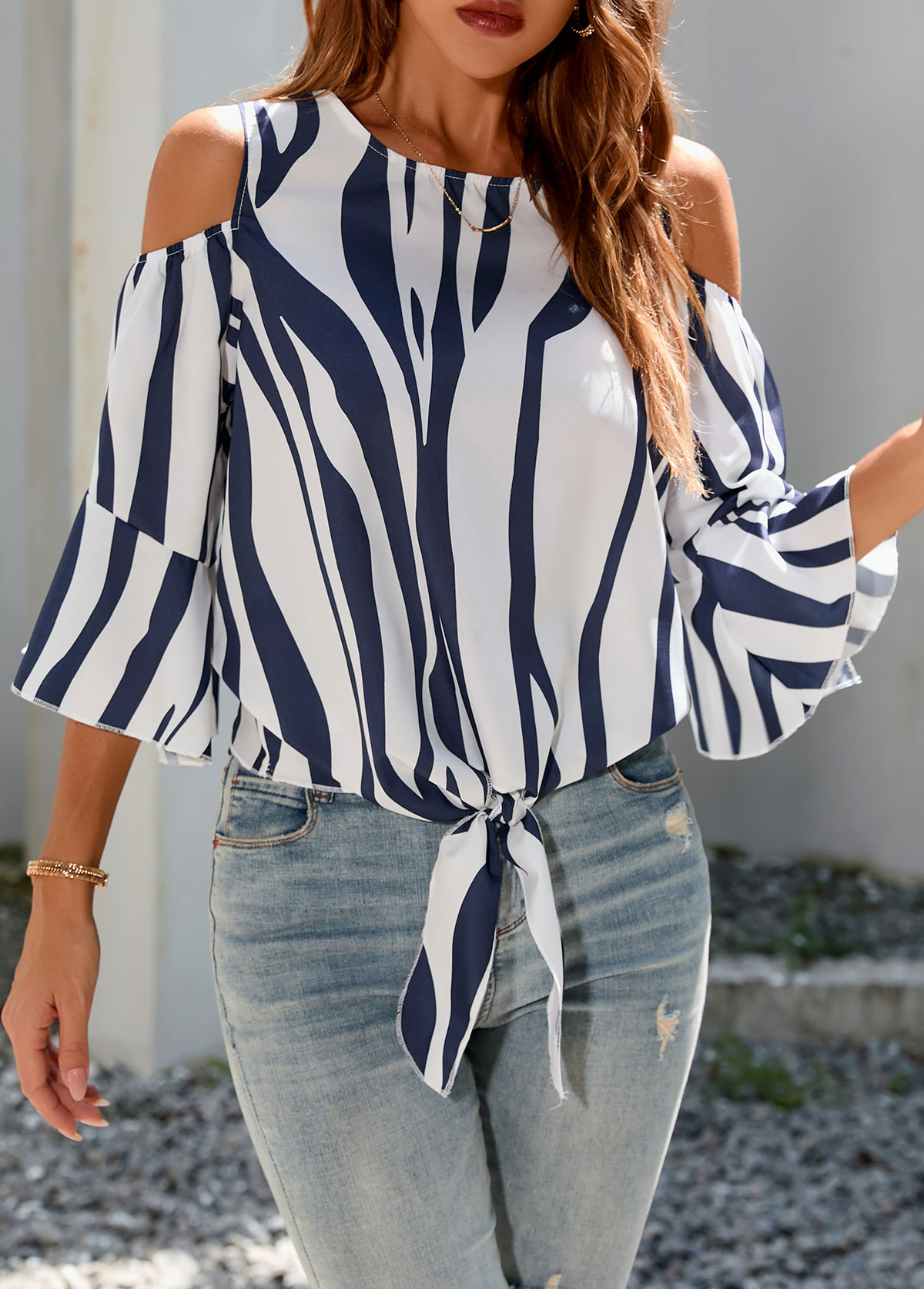 Multi Color tops,Animal Print tops,3/4 Sleeve Tie Front Cold Shoulder T Shirt