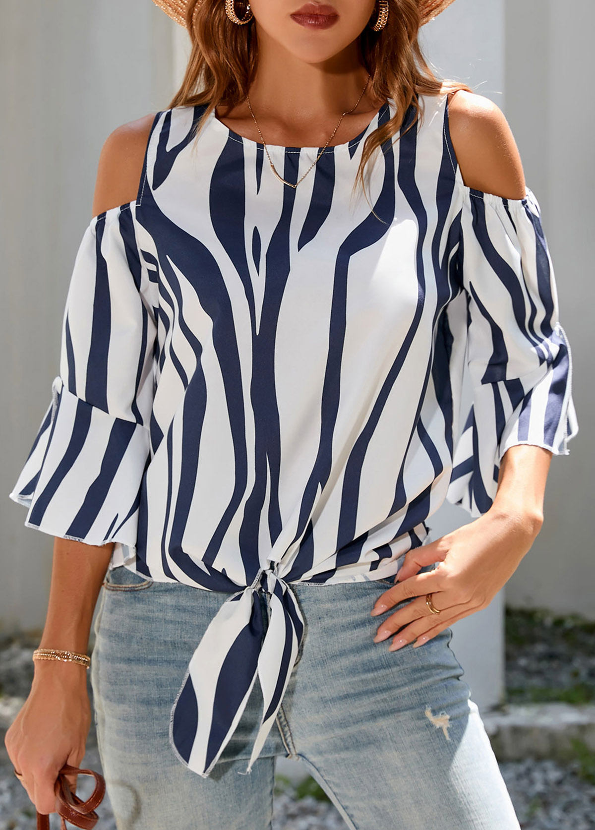 Multi Color tops,Animal Print tops,3/4 Sleeve Tie Front Cold Shoulder T Shirt